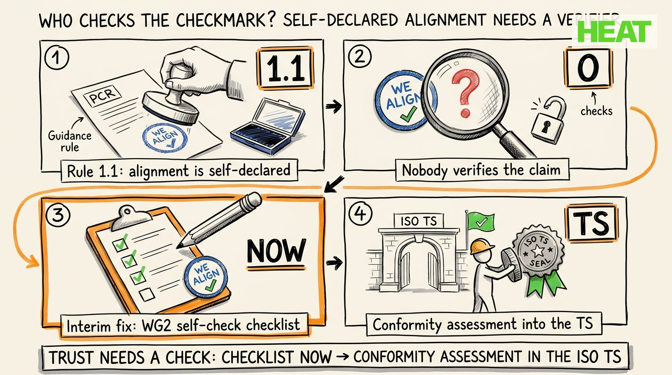 Four-panel storyboard: self-stamp, hollow badge, checklist, ISO TS gate