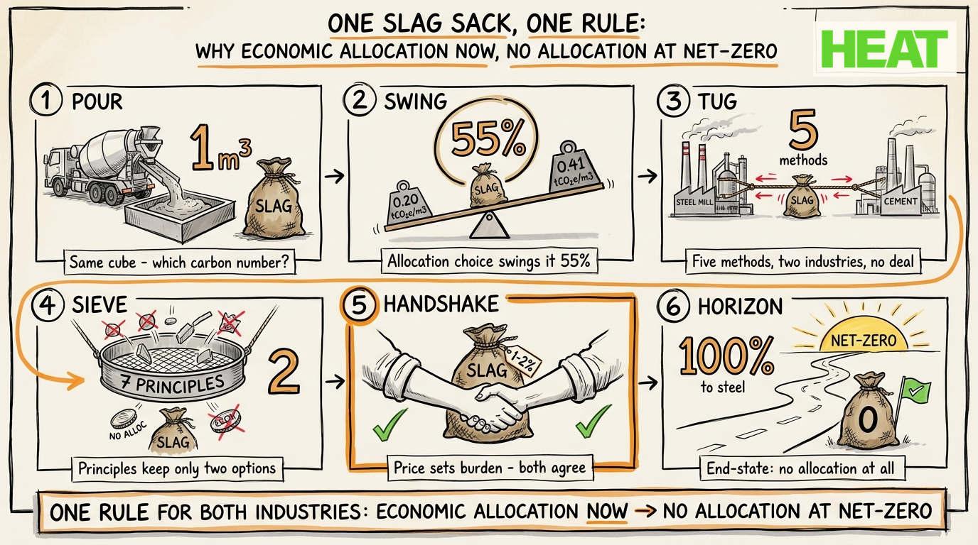 Six-panel hand-drawn storyboard: pour, swing, tug, sieve, handshake, horizon
