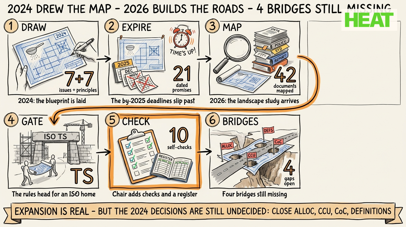 Six-panel gap storyboard: draw, expire, map, gate, check, bridges