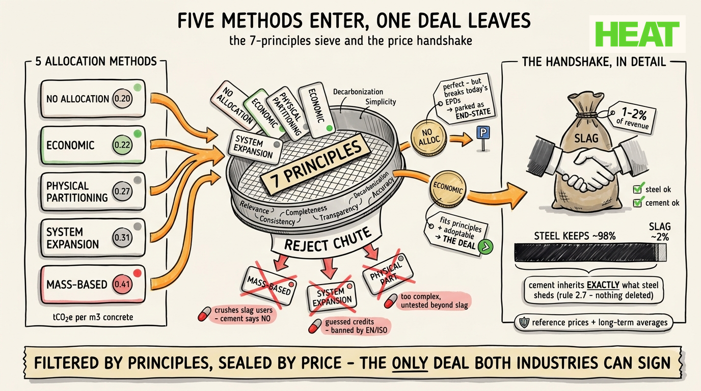 Detail chart: five allocation methods enter the seven-principles sieve, three are rejected with reasons, two survive, handshake mechanics on the right