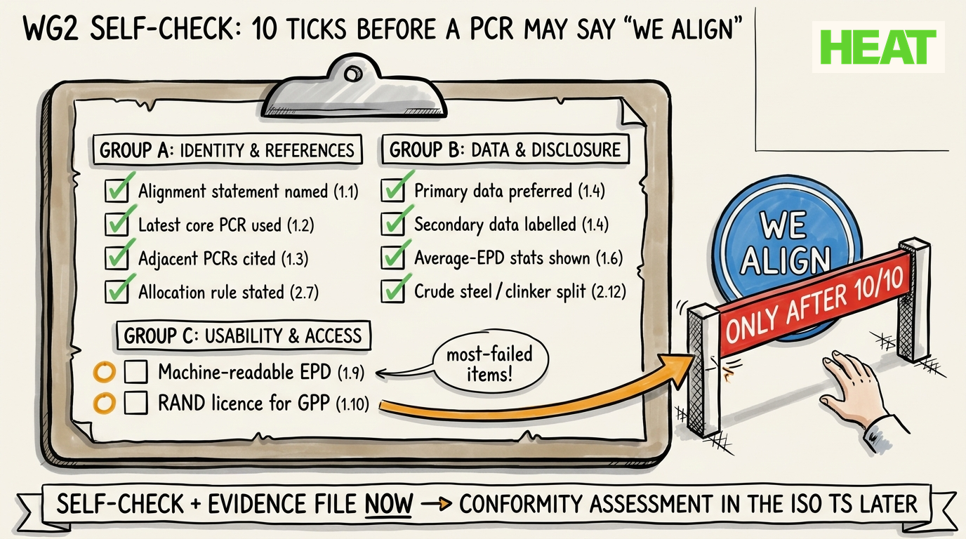Hand-drawn clipboard with the 10-point WG2 self-check checklist and a gate bar holding back the WE ALIGN badge